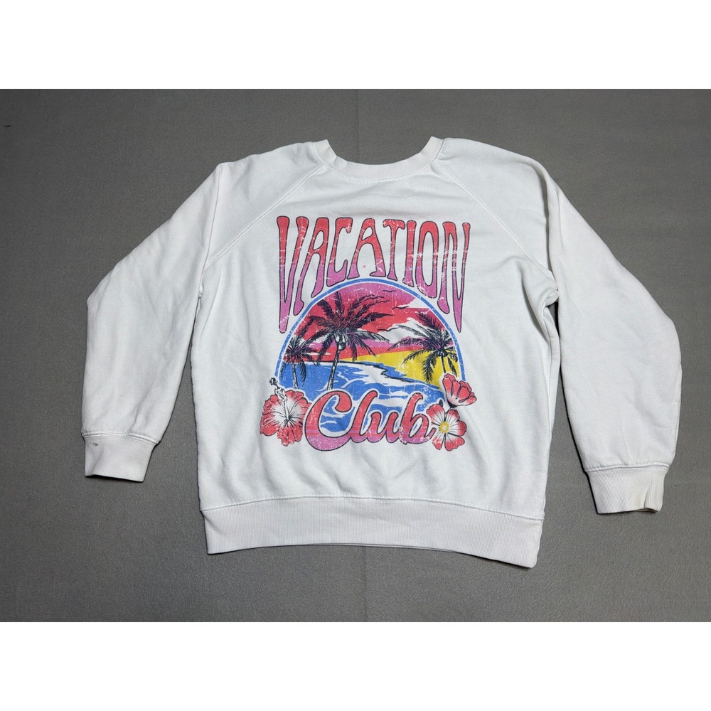 Art Class Vacation Club Graphic Sweatshirt White XL 14 Retro Beach Pullover